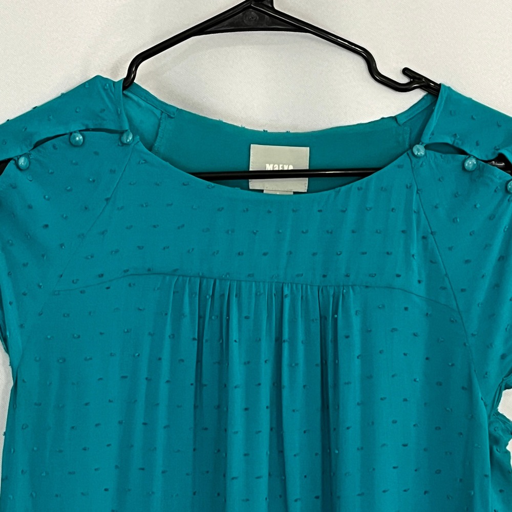 Maeve Anthropologie Teal Swiss Dot Cap Sleeve Scalloped Hem Top Sz 0 Blouse Boho - Picture 3 of 9